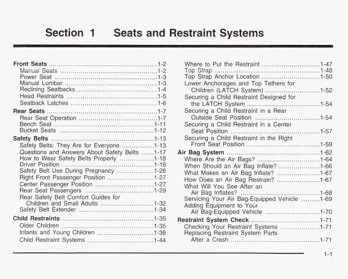 Section 1 Seats and Restraint Systems Front Seats... 1-2 Manual Seats... 1-2 Power Seat... 1-3 Manual Lumbar... 1-3 Reclining Seatbacks... 1.4 Head Restraints... 1.5 Seatback Latches... 1.6 Rear Seats.