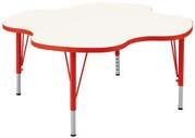 Rounded geometric table top shapes in Pearl White and Maple create individual locations for four to six children.