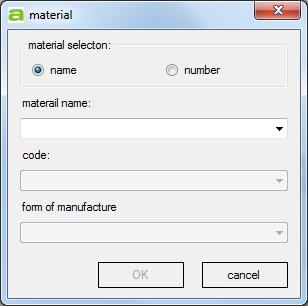 Seite 49 After the selection of the material via material name or number, the code can be defined in a dialog box, and finally you can select the form of manufacture in a third dialog box.