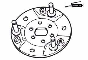 Apply with grease onto setting pins. But, the clutch block should not be greased. If so, replace it. Install new clutch block onto setting pin and then push to specified location.