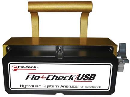Flo-Check USB Hydraulic System Analyzer Flow accuracy ±1% of reading @ 32 cst Field selectable US or metric readings High and low set point alarms for flow, pressure and temperature Captures pressure
