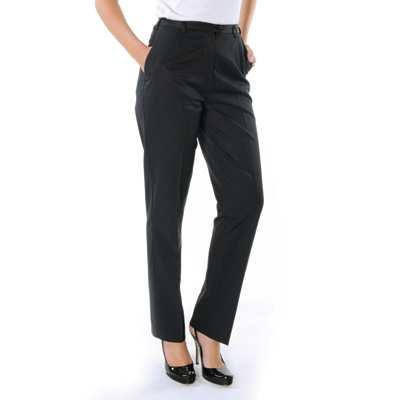 40 + GST Code: DNC4502 Colour: Black Sizes available: 72-112 Ladies Flat Front Trousers 275gsm 80% Polyester 20% Viscose double pleat