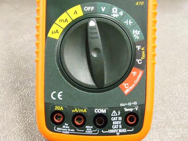 Note the Current Range Switch settings and current Probe Jack markings are all in yellow for ua (Micro-Amps), ma (Milli-amps and A (Amps).