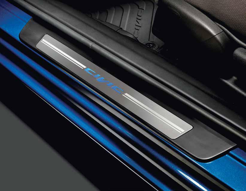 DOOR SILL TRIM, ILLUMINATED Enhances the interior ambiance while protecting the lower door sill from scuff marks Blue LED lights illuminate the model s name when the door is open, providing an