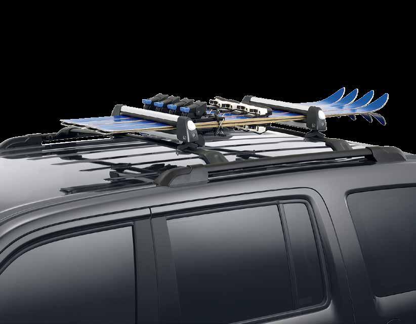 ROOF RACK, SKI ATTACHMENT Holds up to four pairs of skis and poles on the roof keeping your interior clear Lock holds skis securely and deters theft, key included Oversized