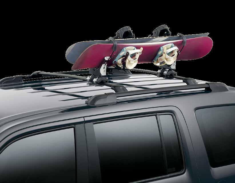 ROOF RACK, SNOWBOARD ATTACHMENT Fully adjustable Roof rack attachment for snowboards Accomodates all board sizes and widths Two snowboards can be carried by each attachment