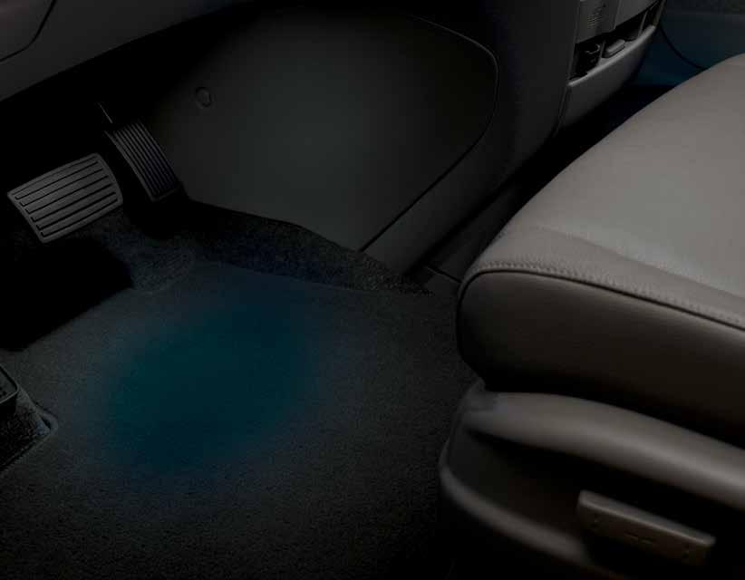 in black with a molded logo for a custom appearance INTERIOR ILLUMINATION Soft glow of light emits on both the driver and passenger seat foot wells Blue LED