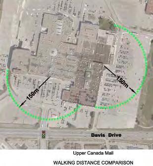 The existing number of public spaces within 150 metres and 200 metres of three segments of Main Street located south of Millard Avenue that form the primary commercial sections of Main Street is