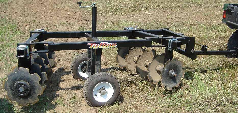 600 cc ATVS and above or compact tractors, 42, 48 & 52 Cutting width, 3 Square tubing main frame, Adjustable gang angle 16 Notched disc blades with sealed bearings Crank type lift for transport &