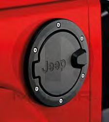 5 2018 2007 C Satin Black Fuel Filler Door with Jeep brand logo, includes door, mounting ring, fasteners and unique mounting cup.