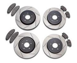 Features include slotted rotors to continuously prevent glazing and improve initial bite, OEM sized rotors allow retention of existing factory