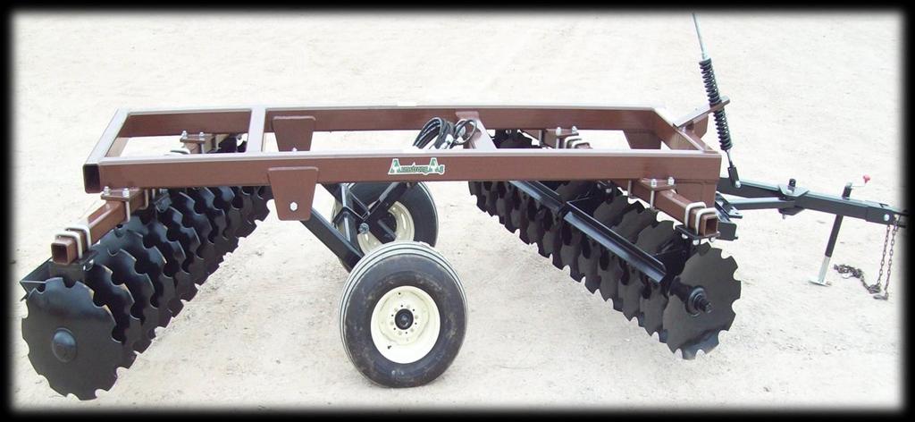 HEAVY DUTY PULL TYPE OFFSET DISC Heavy duty greasable bearings on 1-1/2" square axle. Notched or smooth, 24" X 6mm Blades on 9" centers. Adjustable Hitch for Plow Alignment.