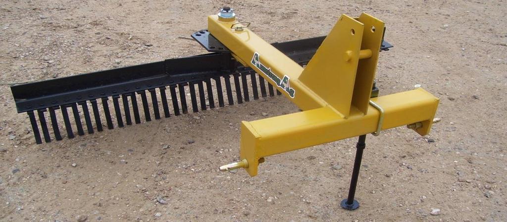 LANDSCAPE RAKES 4700 FM 109 Quick angle adjustment with pull of pin. (Reversible for drag or push.) High carbon steel bolt on tines on 2" centers. Quick Hitch Compatible.