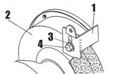 Thread the two short hex head bolts (4) through the two washers (5) (from the fastening hardware bag) 4 and through the tool rest support (7) and into the wheel housing (6). 3.
