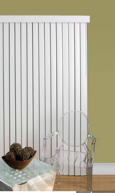 3-1/2 Economy Vertical Blind Features All Sizes Available in the Most Popular White & Alabaster Smooth Finish Child Safe Wand Control Stack Left or Right Heavy Duty Roll Formed Steel Headrail 2-Year