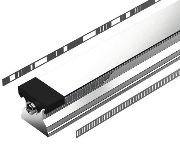 The mounting holes can be sealed by a cover strip (4) or with plugs (5). Scale The scales as they are known (1/2) are integrated in the guide rail. These consist of a steel mesh band.