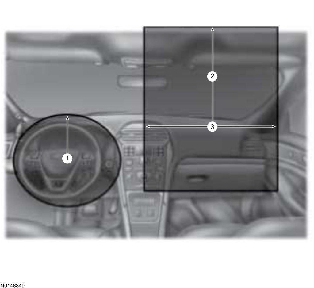 5-6 Reference Information Sedan Utility 1 From the center of emblem. 13 inches (330 mm) 2 From the center of airbag door. 13.2 inches (335 mm) 3 No objects should be placed between the airbags due to airbag variability.