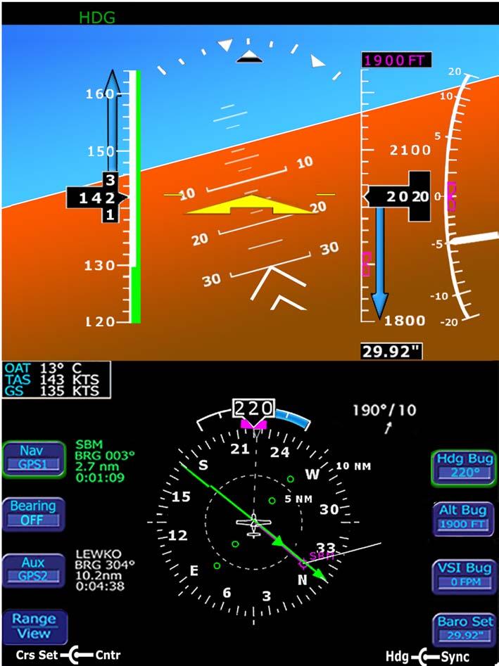 Section 7 Description of the Airplane and Systems Columbia 350 (LC42-550FG) 4. Excessive Pitch Chevrons The large white chevrons are displayed at pitch values greater than +50 and less than -30.