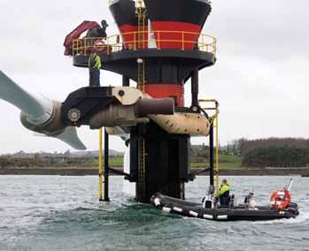 During operation below rated power, the pitch angle and rotor speed are adjusted to maximize the hydrodynamic efficiency. Rated power is reached at a tidal speed of about 2.5 m/s.