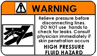 Hydraulics WARNING: Pressurized hydraulic fluid can cause serious injury. When working with hydraulic equipment, eye and hand protection should be worn. Do not test for leaks with bare hands.
