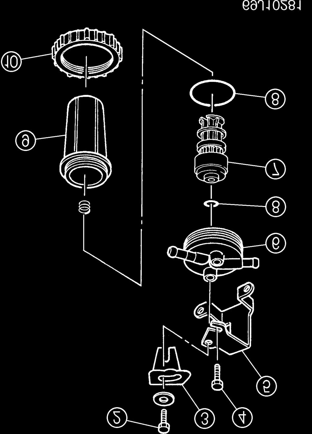 MU01676 Cleaning Fuel Filter 1) Remove the bolts 1 that are securing the fuel filter bracket 5 in place. 2) Loosen the bolt 2 that retains the lock tab 3, and remove the lock tab.