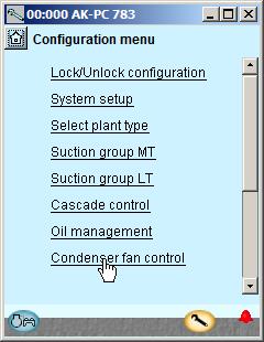 Configuration - continued Setup control of condenser fans 1. Go to Configuration menu 2. Select Condenser fan control 3. Set control mode and reference Press the +-button to go on to the next page 4.