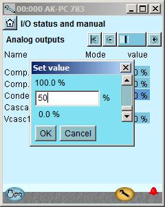Check of connections - continued 5. Check Analog outputs Set Control of output voltage to manual Press in the Mode field. Select MAN. Press in the Value field Select for example 50%. Press OK.
