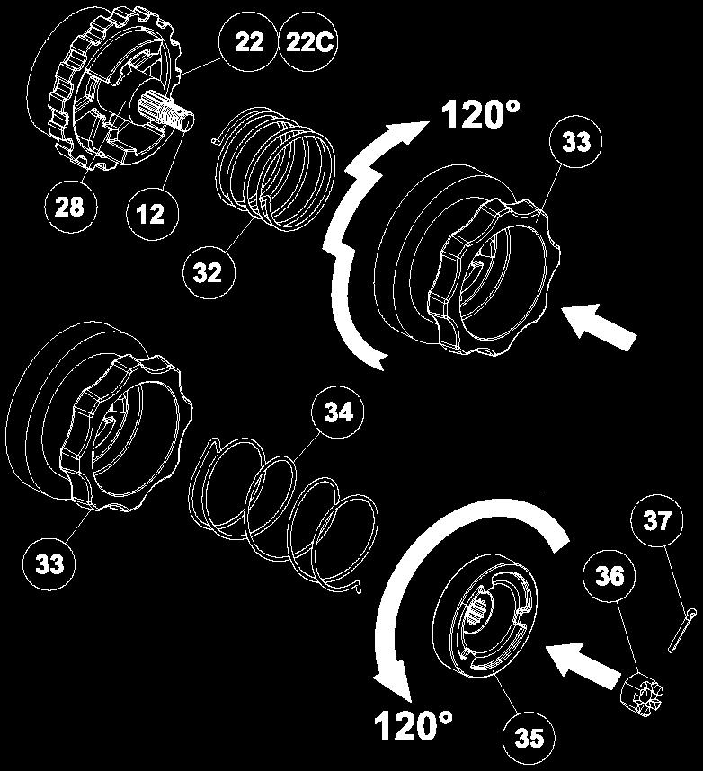 If assembled correctly the pawls (17) must snap into the teeth of the brake disc and stop the disc from rotating in the counter clockwise direction.