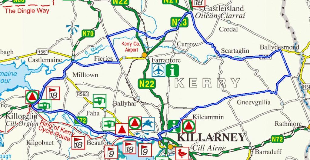 Kerry Group Rás Mumhan, Stage 1, Sliebh Luchra, Friday 30 th March 2018 Route in brief: Start in Killorglin at 2:50pm. Turn right over the bridge on N72 direction Killarney.