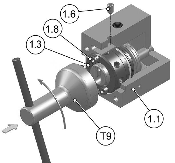 7) Screw the two socked head cap screws (1.8) into the adjustment screw (1.3). Use a torque wrench for a torque of 5 Nm (3.7 ft-lbs). 8) Screw the prepared adjustment screw (1.3) (1.