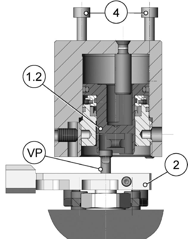 3) Move the actuator so that the valve pin (V) head slides in the final position inside the piston (1.2) cut-out. Doc003533.