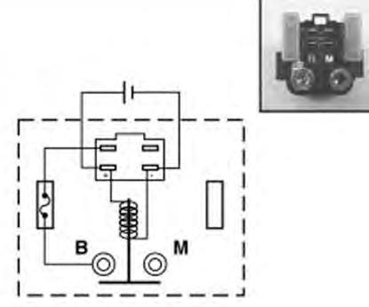 Apply 12 Volts to relay terminals (5) and (6) and check for continuity between terminals B-M.