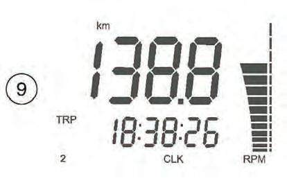 8- SPEED / TRIP 2 / RPM (figure 8) - SPEED: speed - maximum value: 299 kmh or 299 mph; - TRIP 2: distance - maximum value: 999.