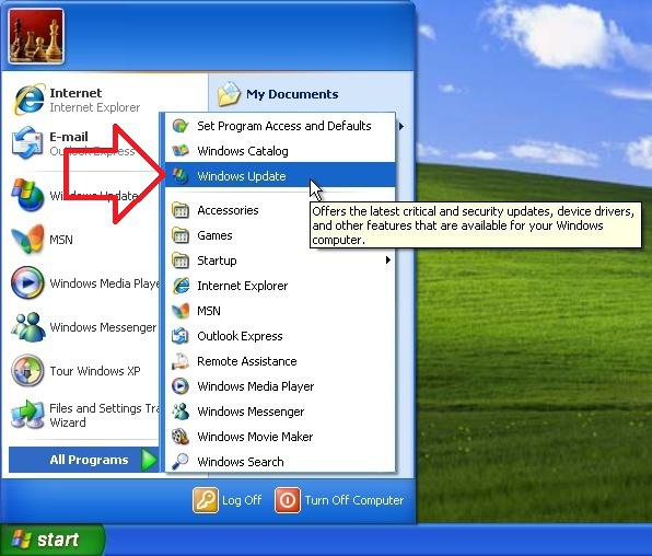 Windows Update Windows XP 1. Click the Start button.