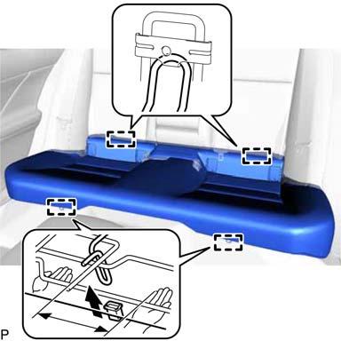 13. REMOVE REAR SEAT CUSHION ASSEMBLY (1) Lift up the front edge of the rear seat cushion assembly as shown in the illustration and disengage the 2 hooks on the front side of the rear seat cushion