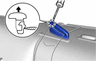 (7) Using a screwdriver, disengage the claw of the rear seat center shoulder belt guide as shown in the illustration.