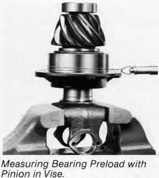 Final Pinion Bearing Preload Test 1. Assemble the complete pinion bearing cage unit as recommended in the assembly section of this manual. NOTE: Forward axle pinion is equipped with helical gear.