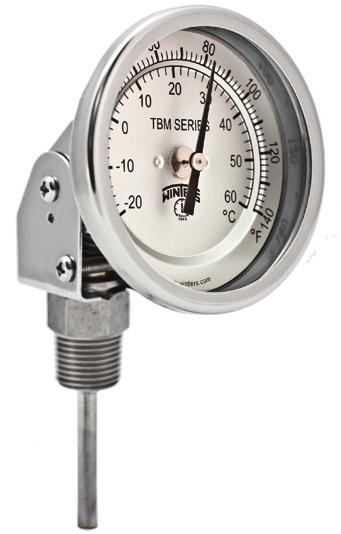 1" (25mm) to 6" (150mm) ±1% of full scale -100 F to 1,000 F (-70 C to 550 C) 1/4 or 1/2 NPT bottom, back and adjustable angle 5 year TMT Surface Magnet Thermometer