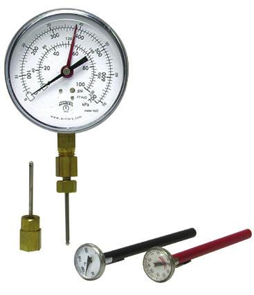 Burst Pressure SS: 60,000 psi, brass: 30,000 1/4 or 1/2 NPT PTK Pressure and Temperature Kit PTK comes with a pressure gauge, two thermometers