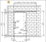 Dimensioning as for F LS = Track length LBR = Clear width TÜ = Door protrusion SH = Pane height SB = Pane width GH = Total height LH = Clear
