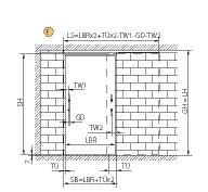 Dimensioning as for F LS = Track length LBR = Clear width TÜ = Door protrusion TW1 = Door handle - wall clearance (door closed) TW2 = Door handle - wall clearance (door open) GD = Handle bar diameter
