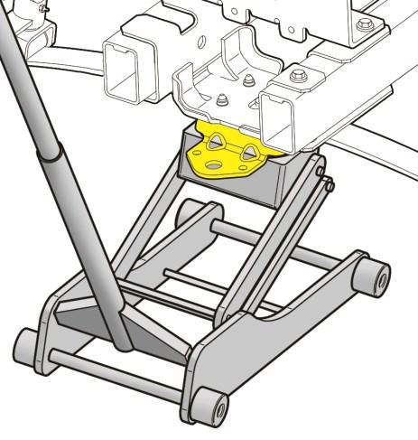 6. Place a jack under the front leaf spring plate (yellow).