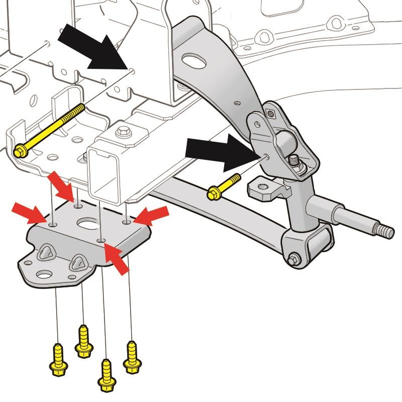 Remove the original front suspension from the chassis by removing the (4) bolts from under the leaf spring clamp (red arrows).
