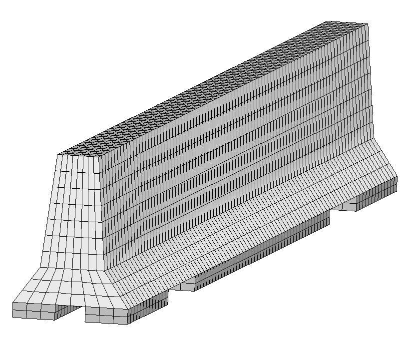Figure 1. Finite Element Representation of F-Shape Portable Concrete Barrier. A limitation to this type of rigid CMB model is that concrete failure is not incorporated.