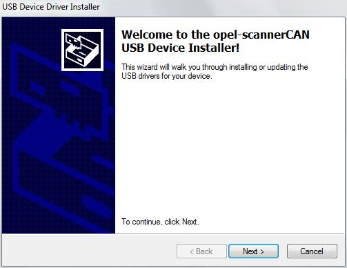 6. Once the opel-scannercan installer has finished is shall start the USB installer off automatically. Press Next to continue. Figure 6 7.