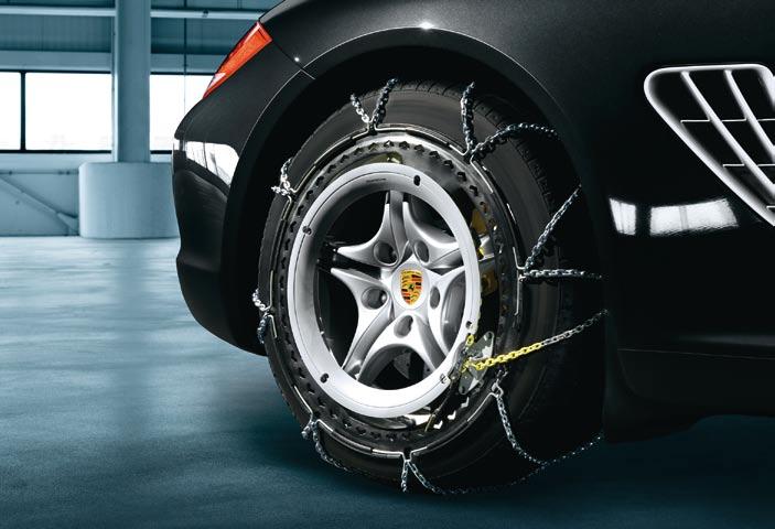 Snow chains Snow chains Specially designed for Porsche models and featuring ultra-fine links for minimal adhesion of ice and snow. Not in conjunction with wheel spacers.