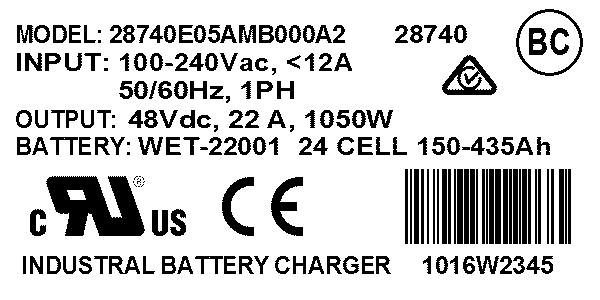 CHARGER RATINGS LABEL The ratings label is located on the front of the charger and provides the model (MODEL), serial number (located below the barcode at the bottom of the label), AC input ratings