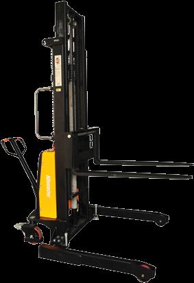 BATTERY OPERATED HAND STACKER BATTERY OPERATED HAND STACKER 1500Kg Heavy duty design with quality mast construction Drop forged forks Straddle leg design suitable for two faces or low pallet Light