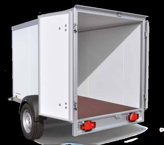 Sandwich single-axle box trailer Accessories (optional): Spare wheel and bracket Prop stands (2x) Wheel shock absorber (with and without 100 km/h confirmation) 7- to 13-pin adapter Barred tie-rail