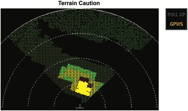 The terrain advisory line is drawn along the points where a terrain caution alert will occur if the aircraft continues along its current trajectory.